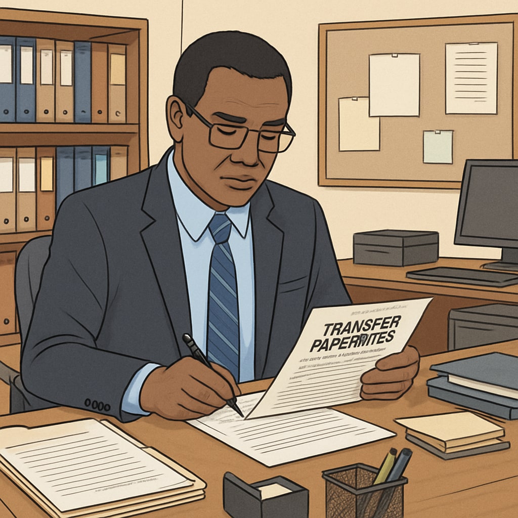 A school administrator reviewing transfer paperwork, symbolizing the bureaucratic challenges of inter-district communication. A school official processing student transfer forms, highlighting systemic issues.