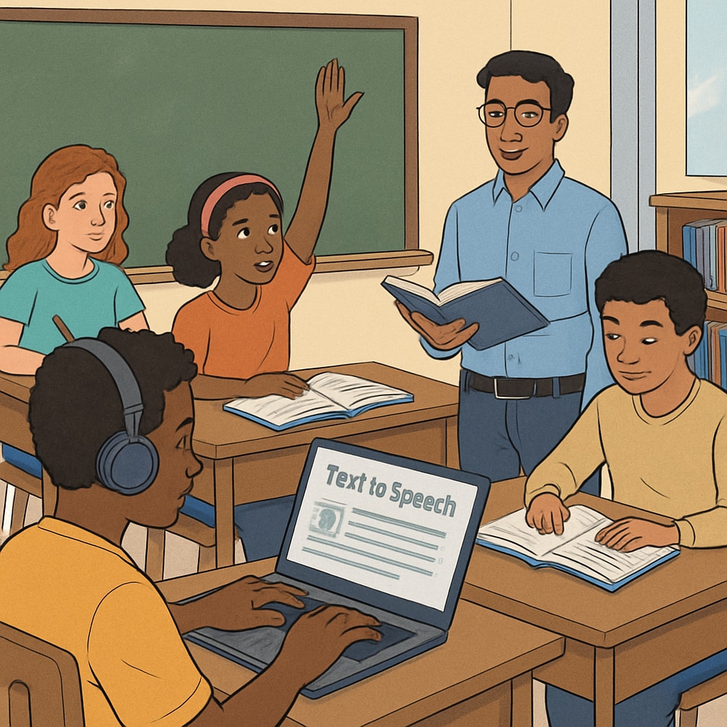 A classroom setting showing diverse students, including one using assistive technology like a laptop with speech-to-text software, promoting inclusivity. Inclusive classroom using assistive technology for students with learning difficulties.