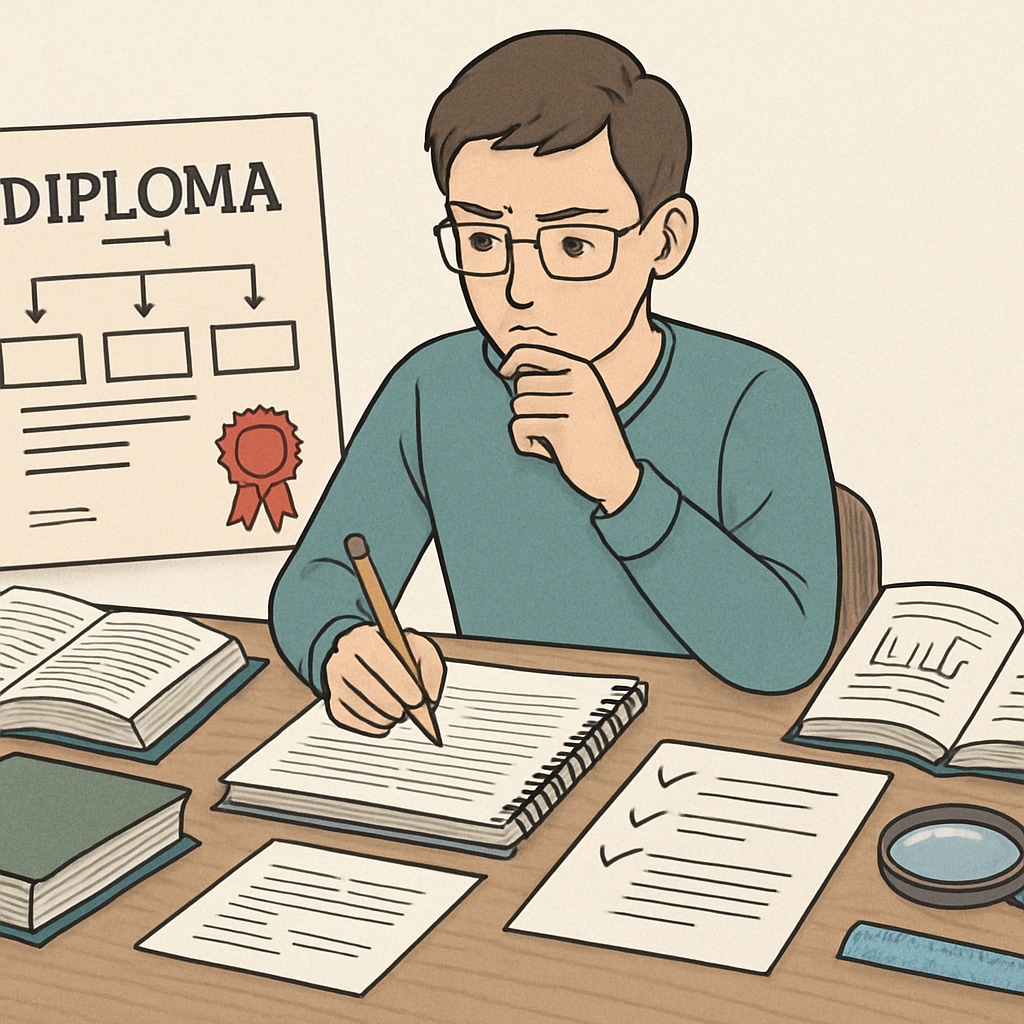 A student researching alternative ways to upgrade their diploma, with educational materials spread out on a table. Student researching diploma transition options.