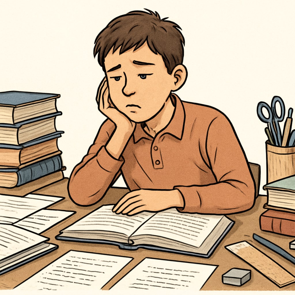 A middle school student sitting at a cluttered desk, appearing disengaged and overwhelmed. A disengaged middle school student experiencing academic struggle, parental involvement, and childhood development challenges.