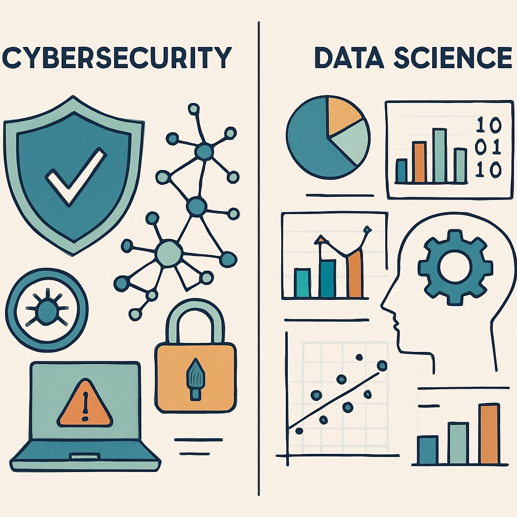 A side-by-side visual representation comparing the roles of cybersecurity and data science in the tech industry. Cybersecurity and data science roles comparison chart.