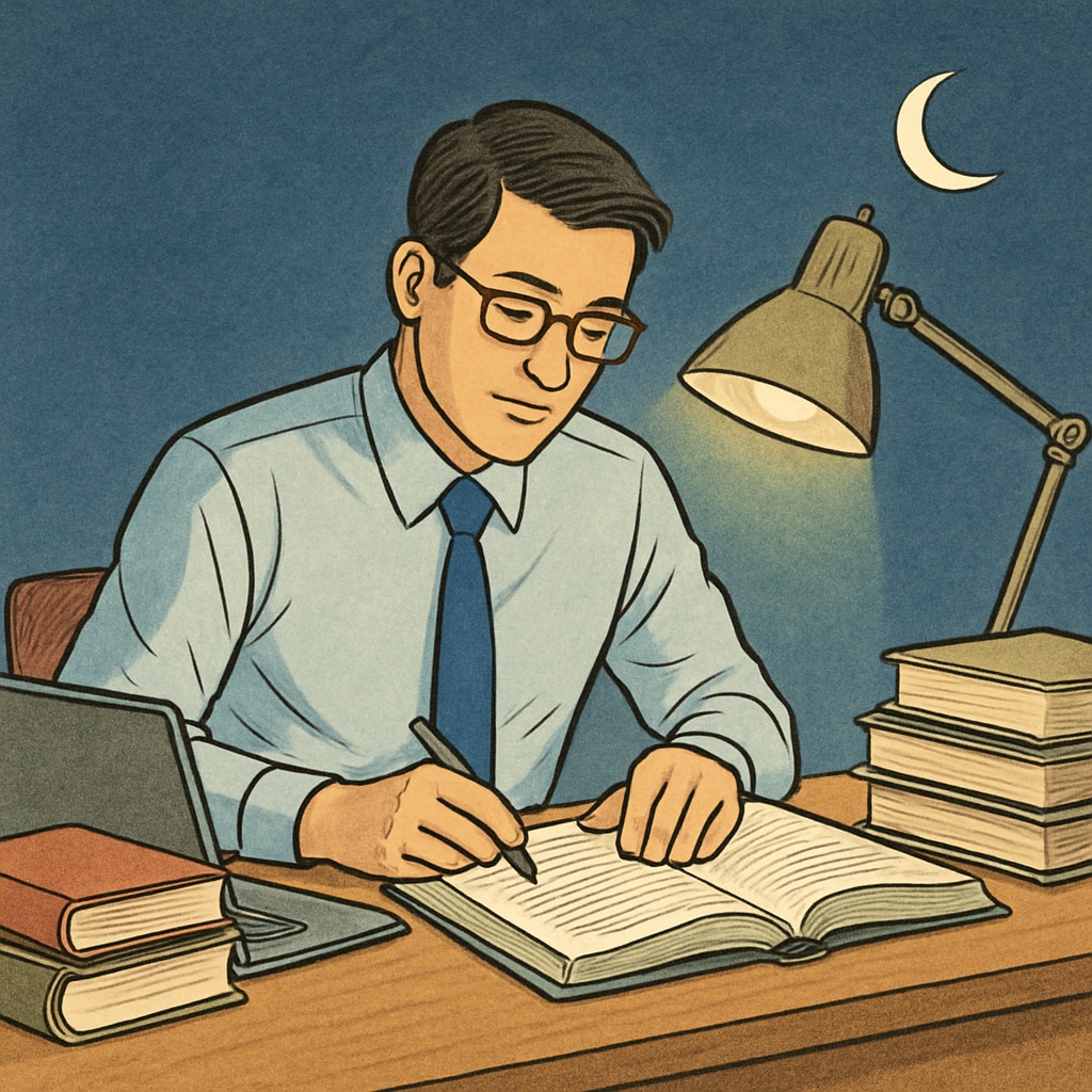 A professional studying at night, balancing work and education commitments. Professional balancing work and education commitments at night.