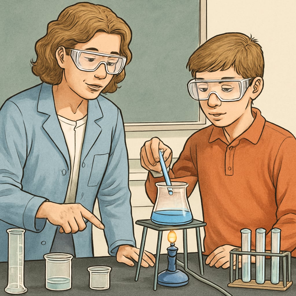 A teacher guiding a middle school student through a science experiment, both appearing engaged and focused. A teacher fostering student motivation through interactive learning activities.