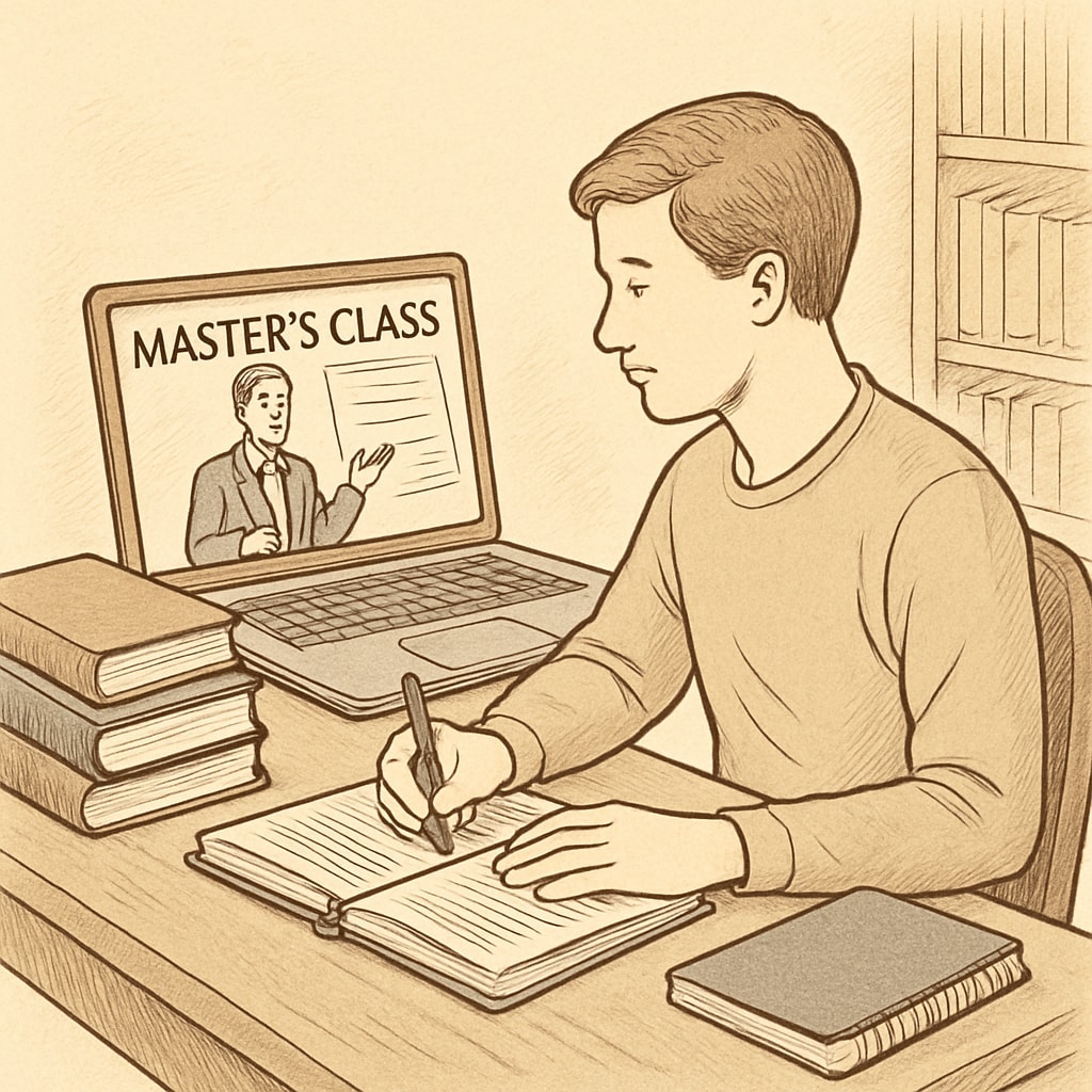 A student using a laptop to attend an online master's class, showcasing flexibility in education. Online master's class demonstrating flexibility for working professionals.