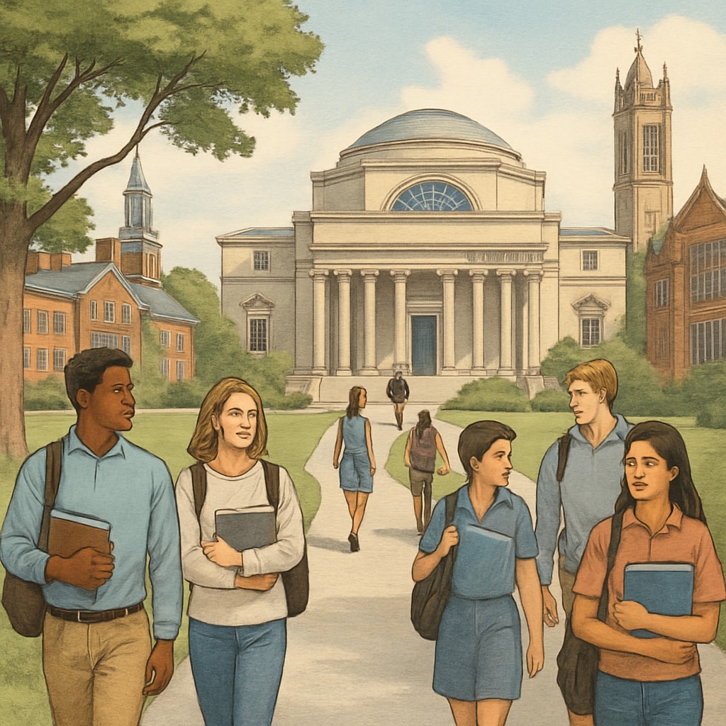 Ivy League campus with students and iconic architecture