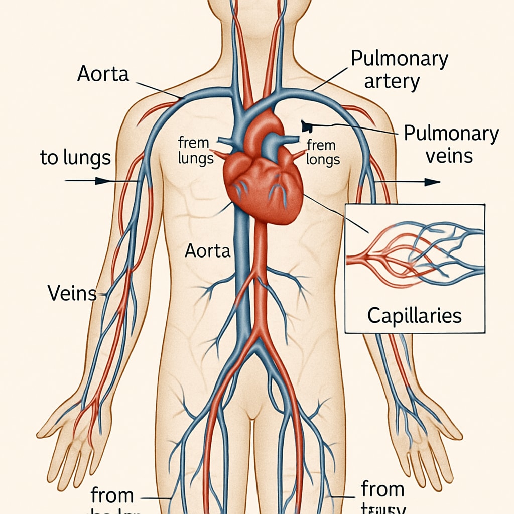 A detailed diagram showcasing the human circulatory system, illustrating foundational medical concepts for educators. Diagram of the human circulatory system used for medical education.