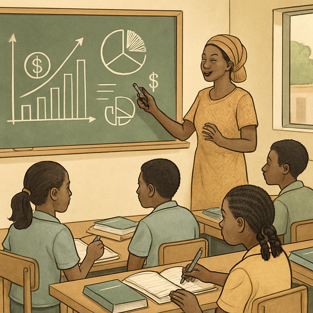 A classroom setting in a developing country showcasing students learning financial concepts. Financial education in a developing country classroom setting.
