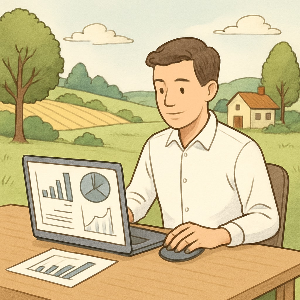 A young professional working remotely on financial analysis from a rural setting. Remote financial work opportunities for students in developing nations.