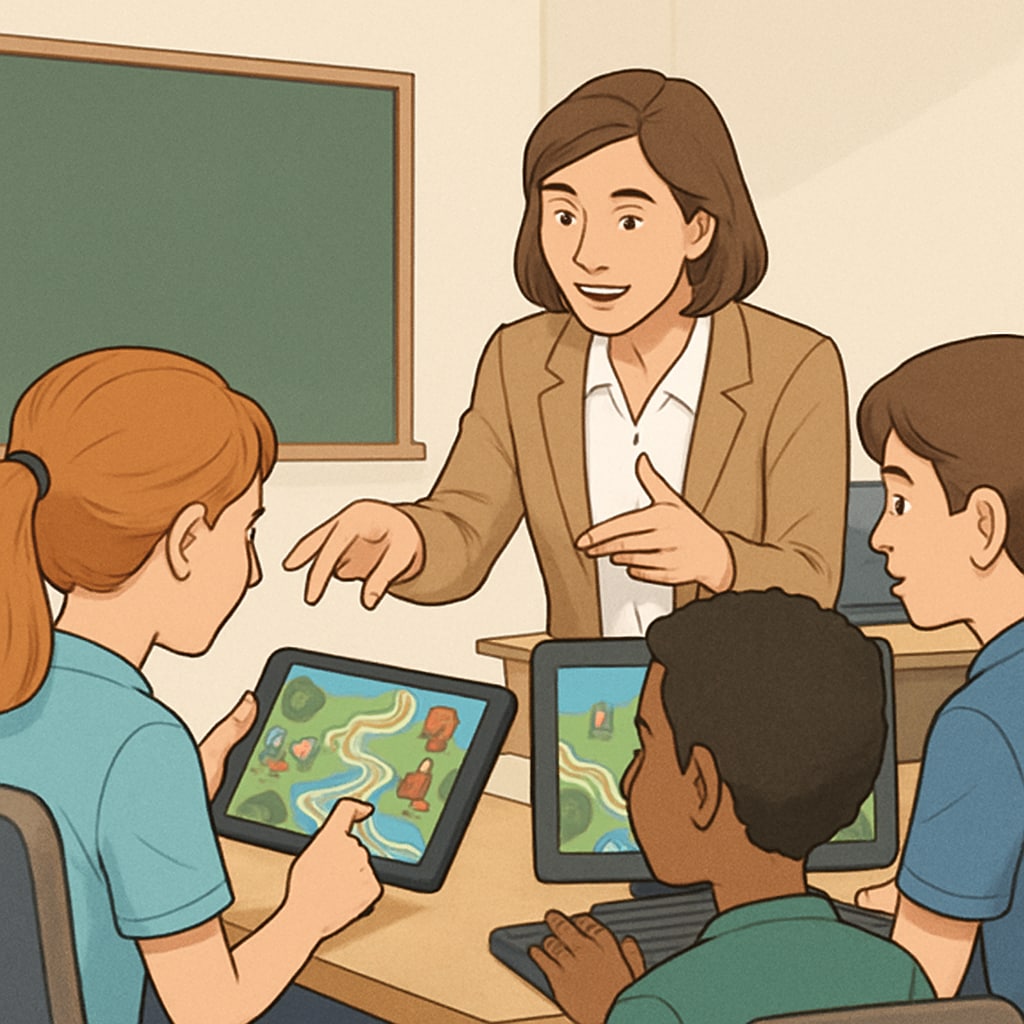 A classroom where students are playing an educational video game, with a teacher guiding them on teamwork and strategy. Students in a classroom using esports for game-based learning with teacher guidance.