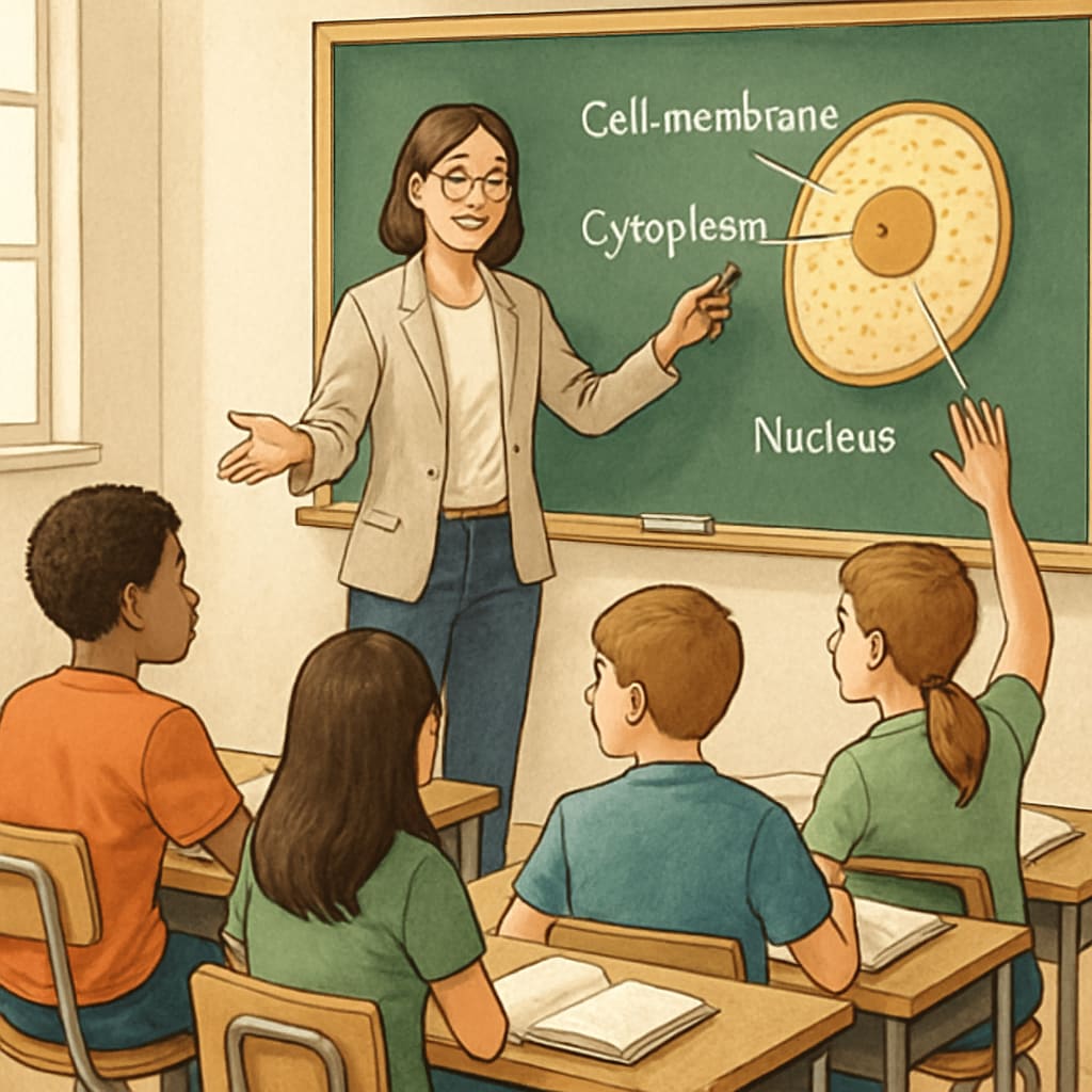 A classroom setting featuring a teacher explaining a biology concept to engaged students. Biology educator teaching students in a classroom setting.