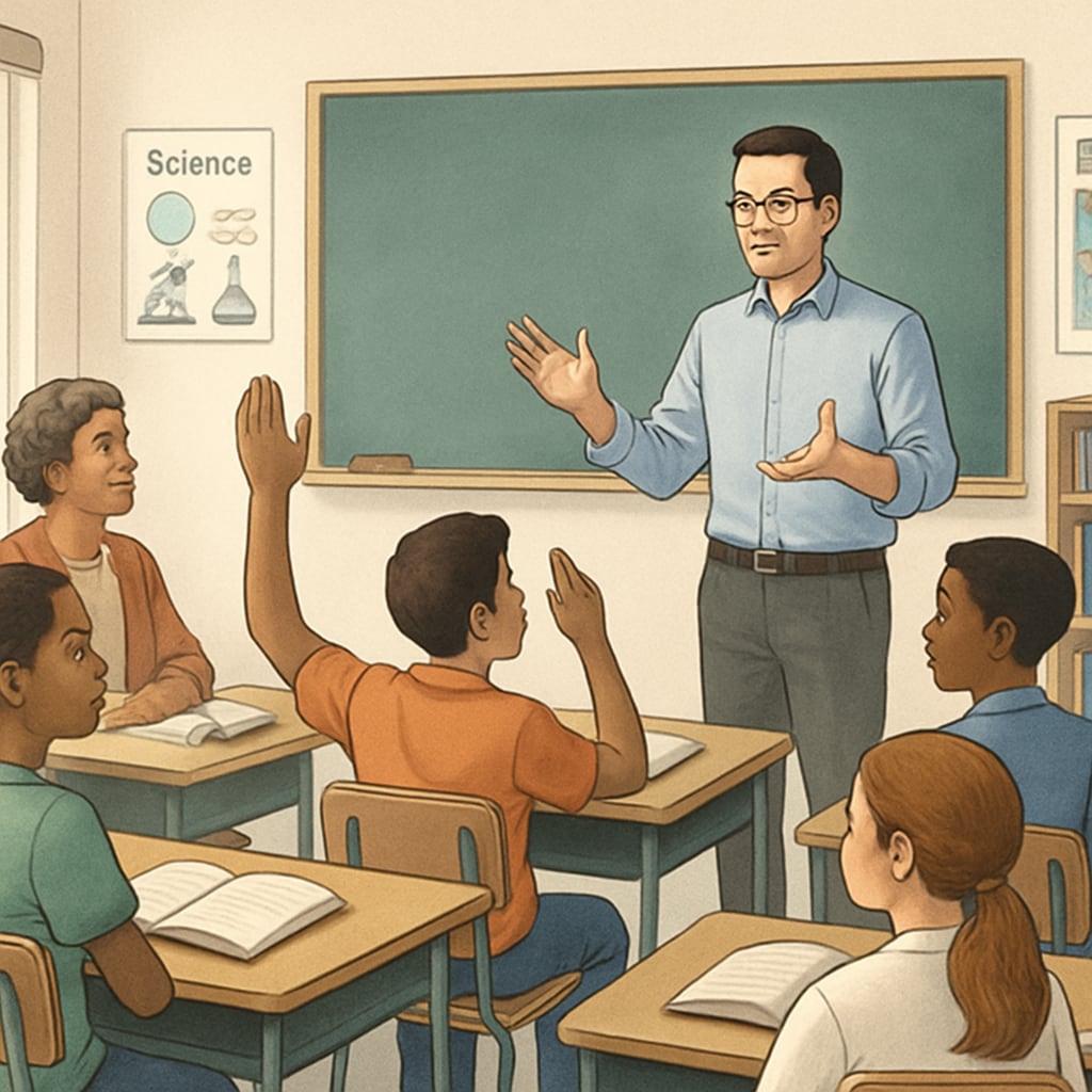 A classroom with diverse students and a teacher leading discussion, symbolizing education as a platform for diverse ideas. Classroom with diverse students and teacher discussing ideas, representing diversity in education.