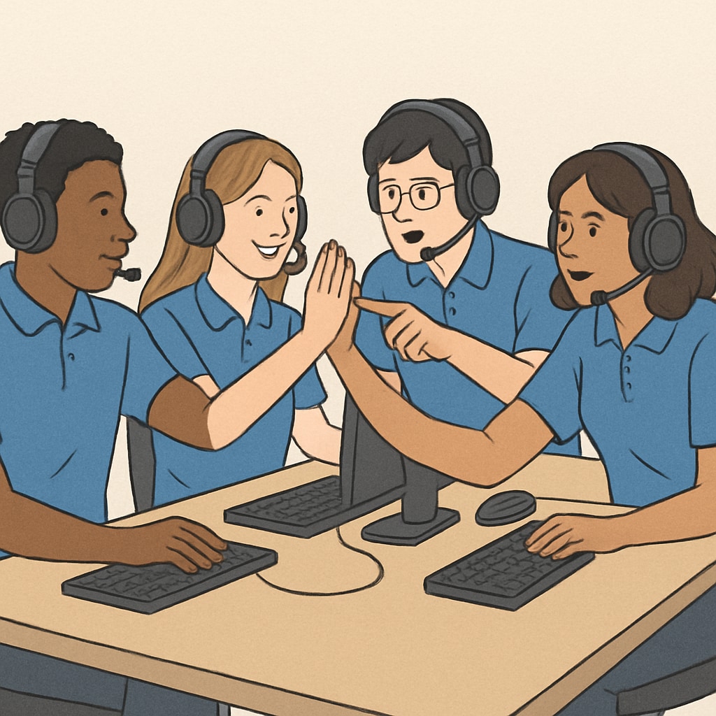 A diverse group of students participating in an esports competition, showcasing teamwork and collaboration. Students collaborating in an esports competition, highlighting the educational benefits of teamwork.