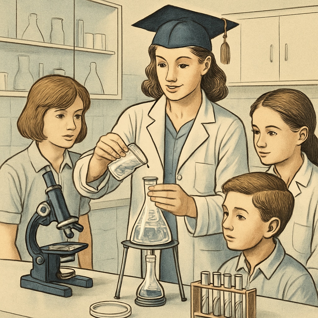 A biology graduate mentoring students in a laboratory setting, showing an experiment. Biology graduate mentoring students during a hands-on experiment in a lab.
