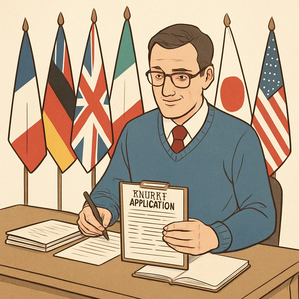 A teacher reviewing applications with flags of various countries, symbolizing global and diverse perspectives in education. Teacher reviewing applications with international flags, emphasizing diversity in teacher hiring.