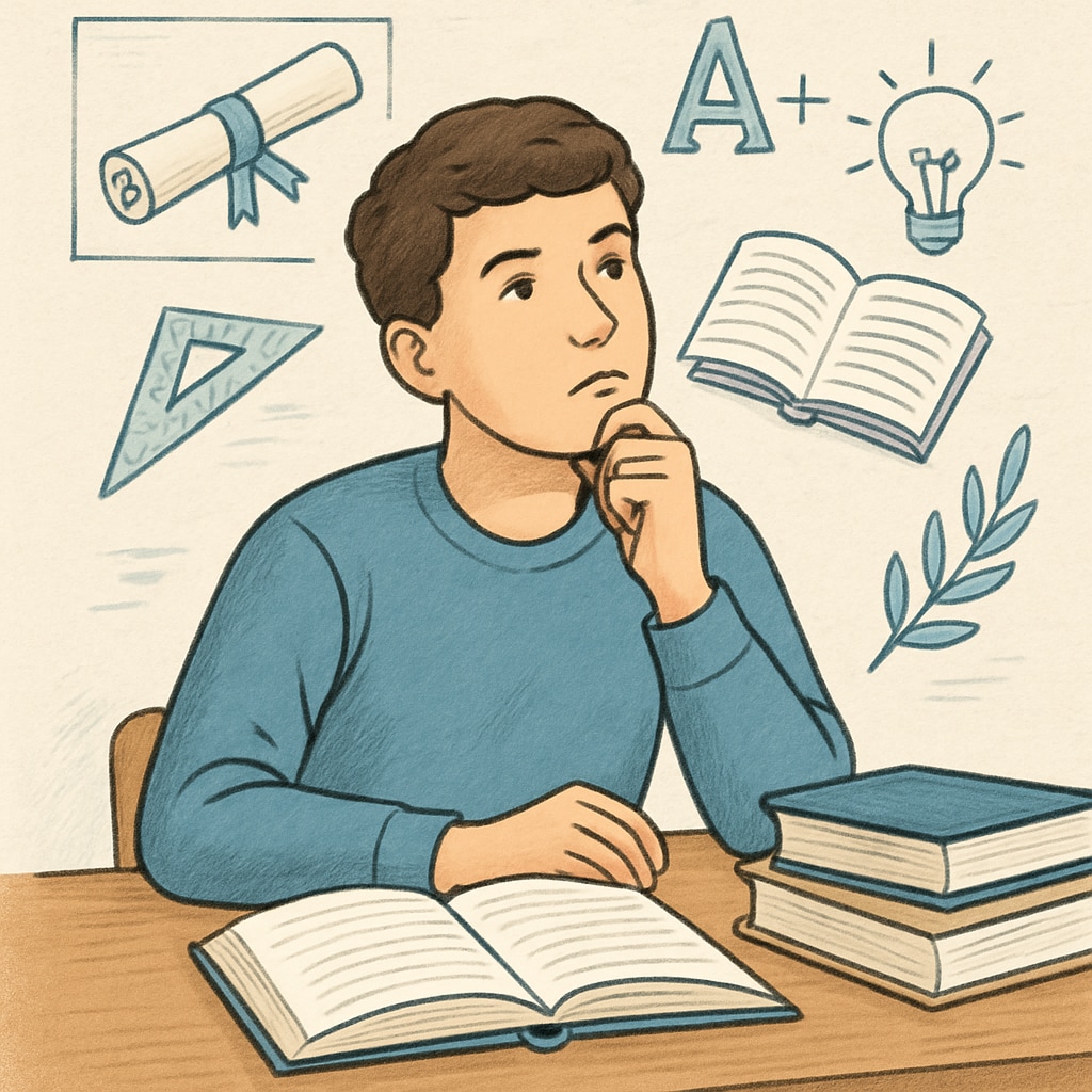 A thoughtful student sitting at a desk with diploma and books in the background, symbolizing reflection on educational achievements. A thoughtful student reflecting on their high school diploma and future options.