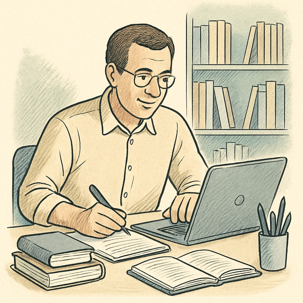 An adult learner studying online with a laptop and notebook, representing lifelong learning opportunities. An adult learner engaging in lifelong learning with online tools.