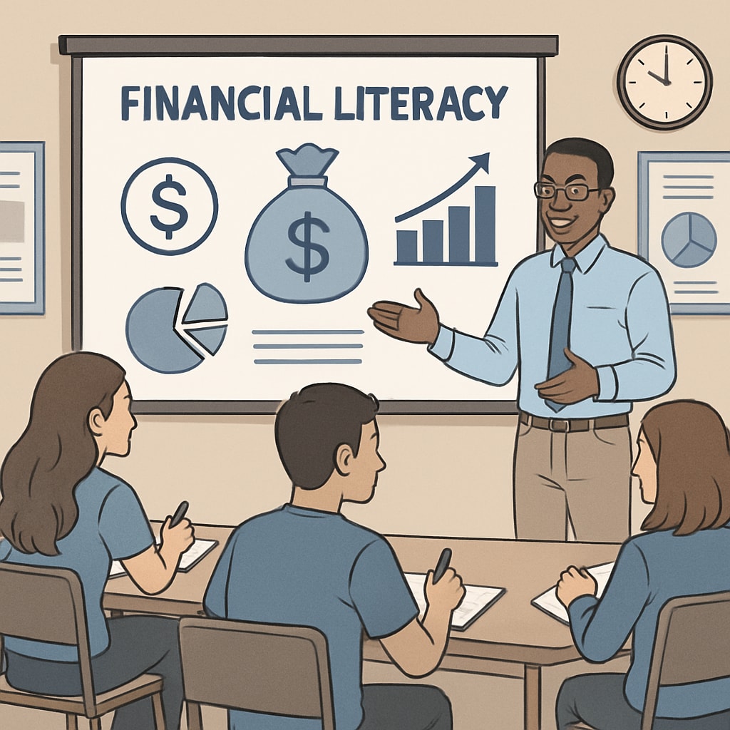 A teacher conducting a financial literacy workshop with students in a classroom setting. The students appear engaged and are taking notes. Classroom financial literacy workshop in Mali