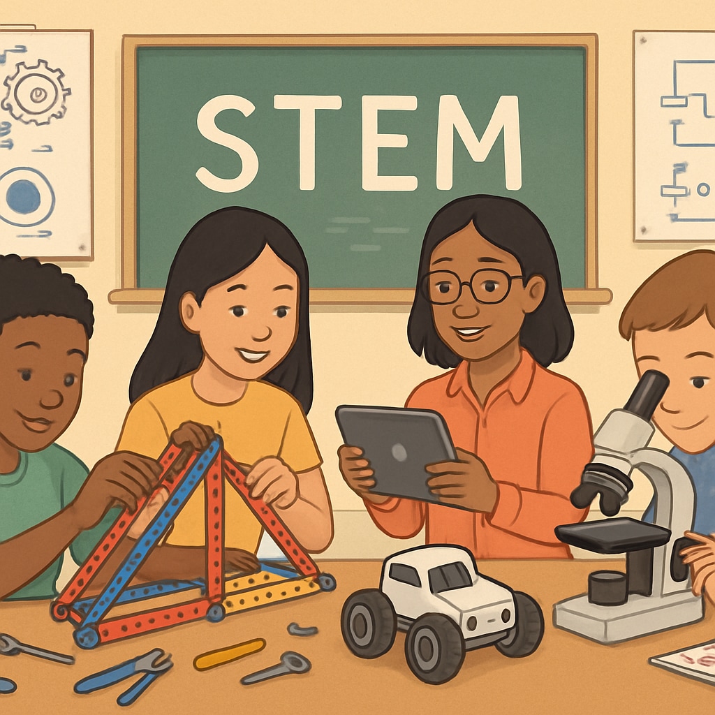 A classroom environment where students are actively engaging with STEM concepts, using interactive engineering models and tools. STEM-focused classroom activity integrating education and engineering.