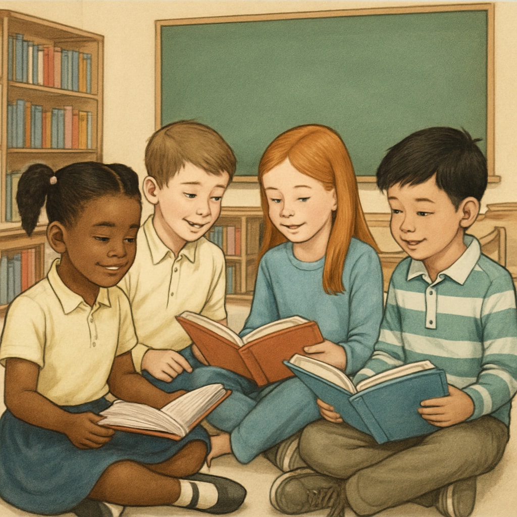 A group of children reading books together in a classroom setting, symbolizing collaborative learning and reading engagement. Children participating in a group reading activity as part of a reading comprehension program.