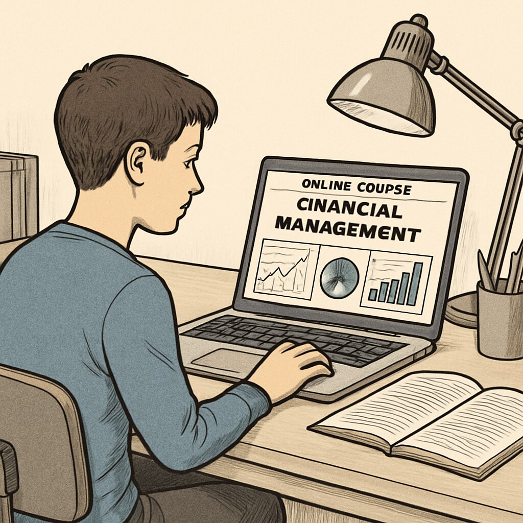 A student using a laptop to access an online course on financial management. The screen displays financial graphs and charts. Student self-learning financial management online
