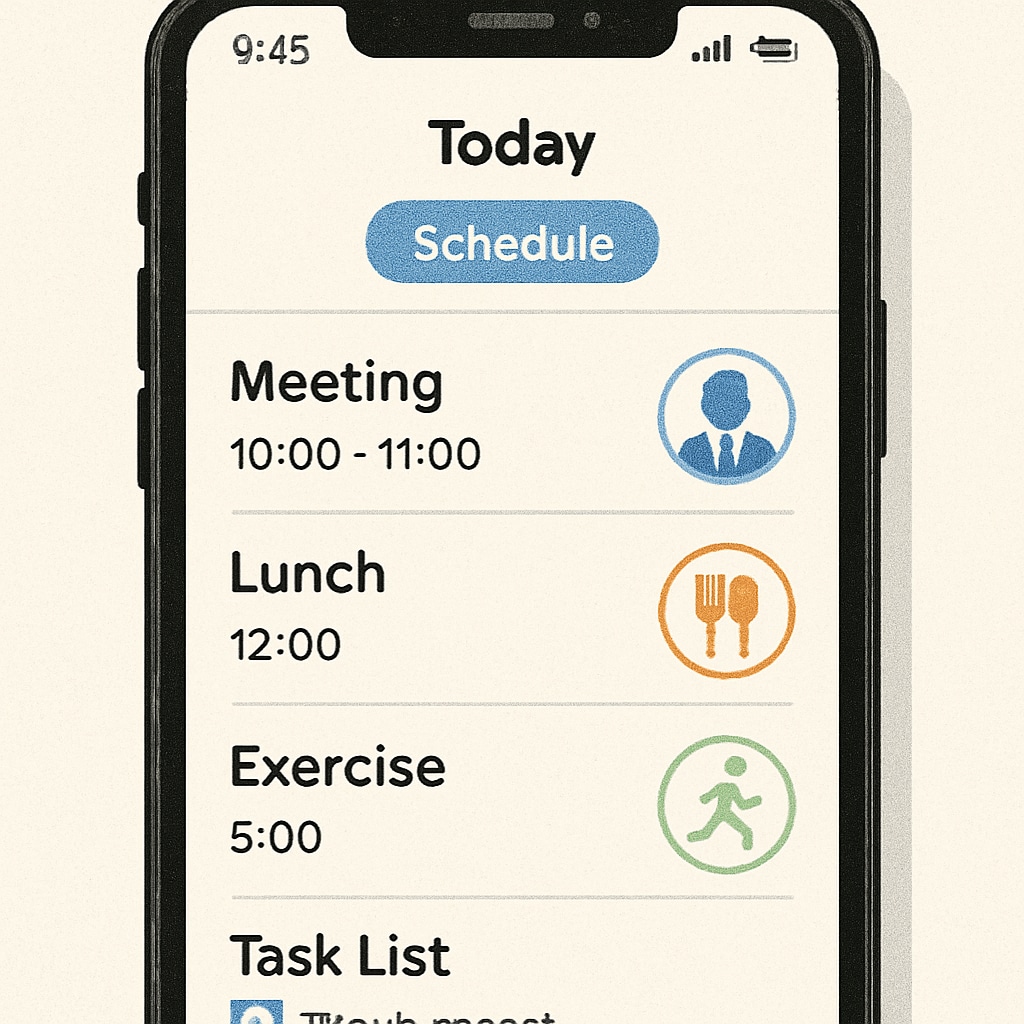 A time management app displayed on a smartphone screen, emphasizing the use of technology for balancing commitments. Smartphone showing a time management app to assist professionals in balancing tasks.