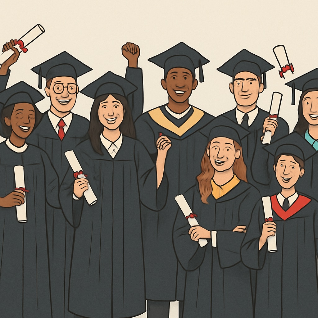 A diverse group of graduates celebrating together, symbolizing different educational pathways and achievements. Diverse graduates celebrating their educational achievements, including those with modified diplomas.