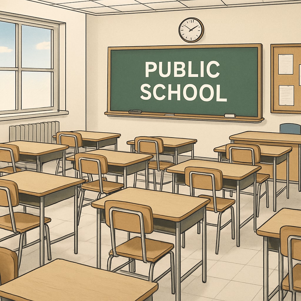A public school classroom with empty desks, representing the impact of student loss due to voucher programs. Classroom with empty desks due to school voucher impact on public schools