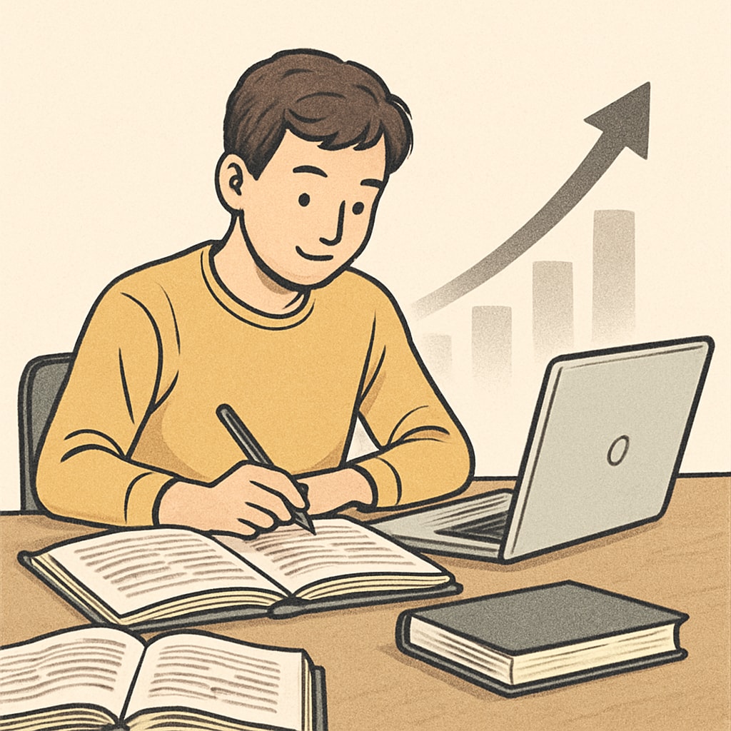 A young student sitting at a desk with open books and a laptop, symbolizing academic recovery and progress. Young student studying at a desk with books and laptop, symbolizing educational recovery.