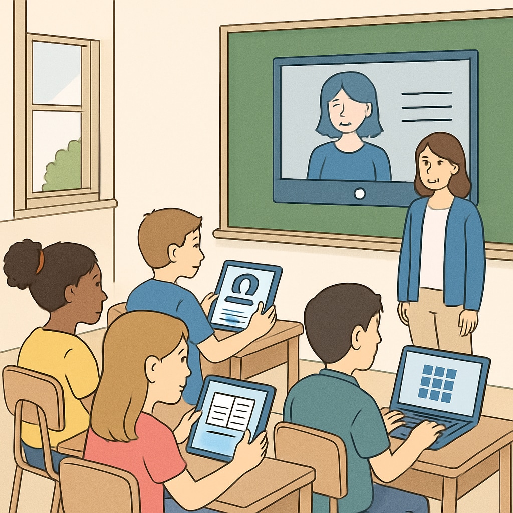 Classroom scene showcasing students engaging with digital learning platforms.