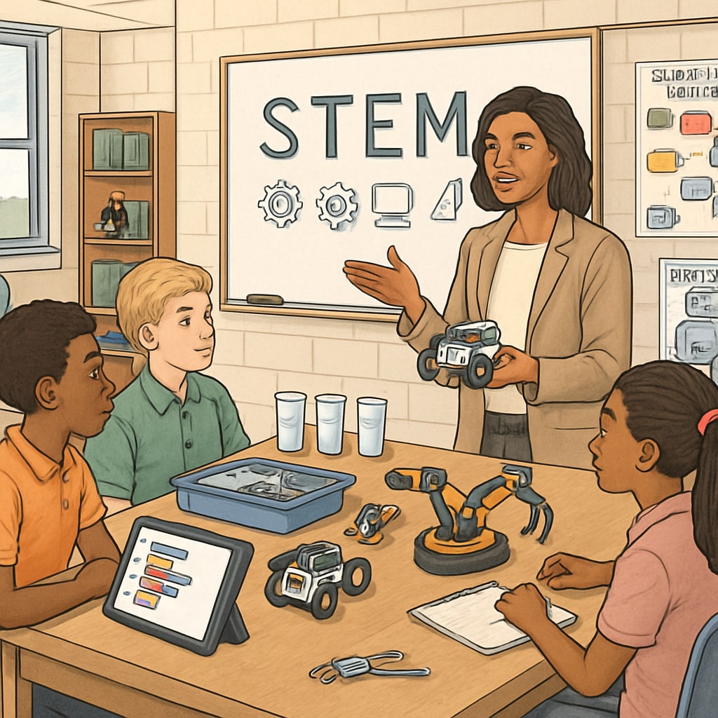 A teacher conducting a STEM workshop with students, showcasing innovative programs in public schools. STEM workshop in public schools as a strategy for student retention