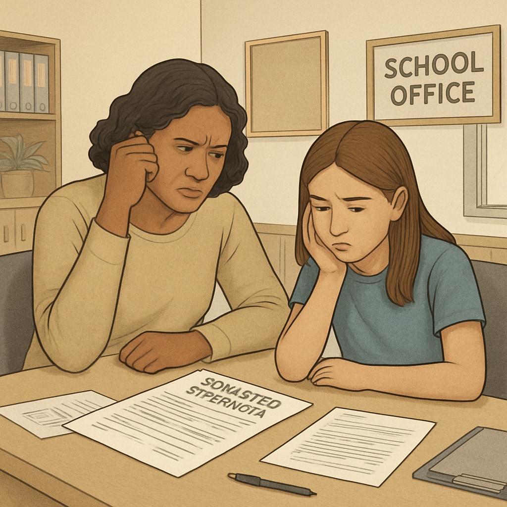A frustrated parent and child reviewing transfer paperwork in a school office, symbolizing the challenges of district barriers. Parent and child dealing with school transfer challenges.