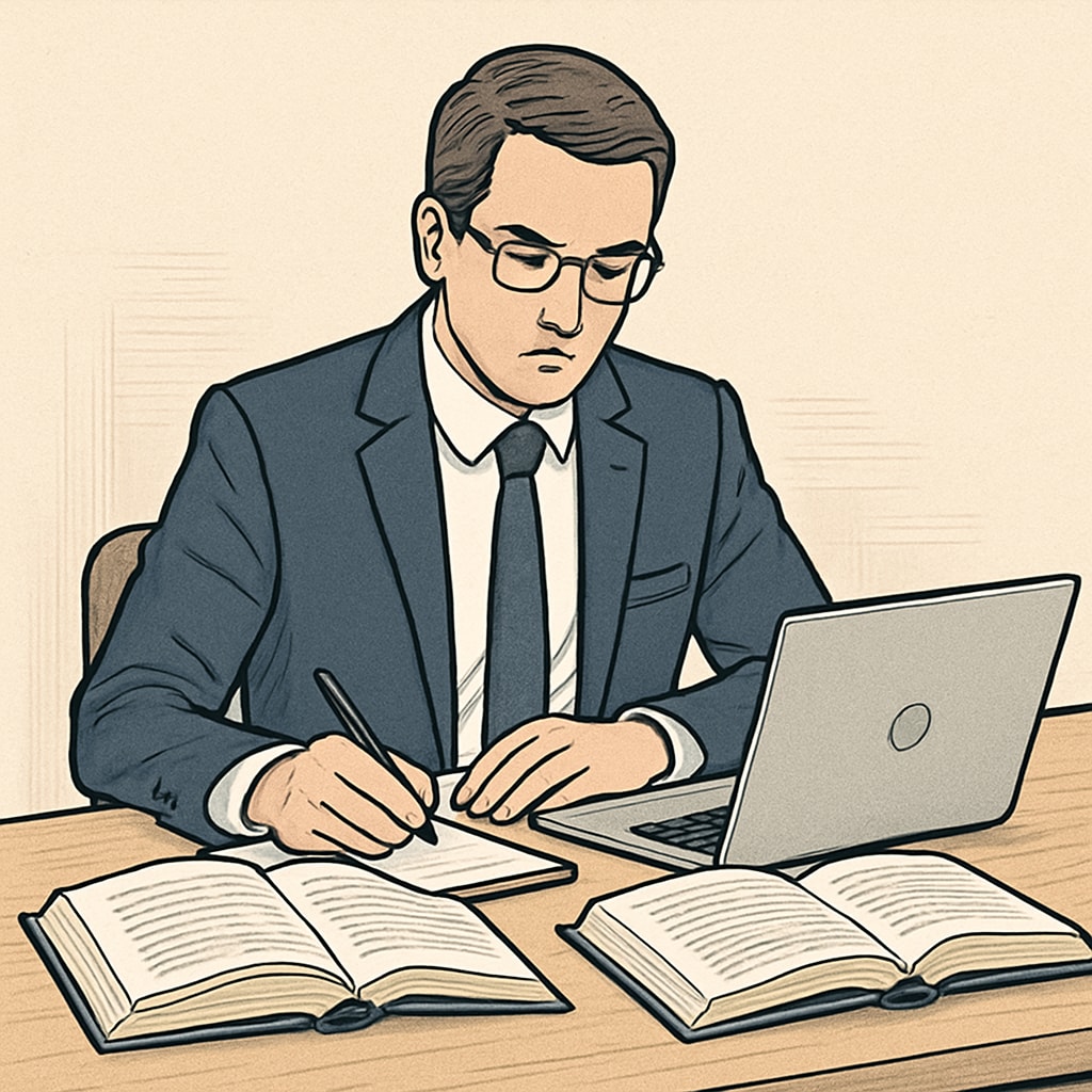 An adult professional studying at a desk with a laptop and books, symbolizing balancing academic and career responsibilities. Professional balancing study and career with a master's degree pursuit.