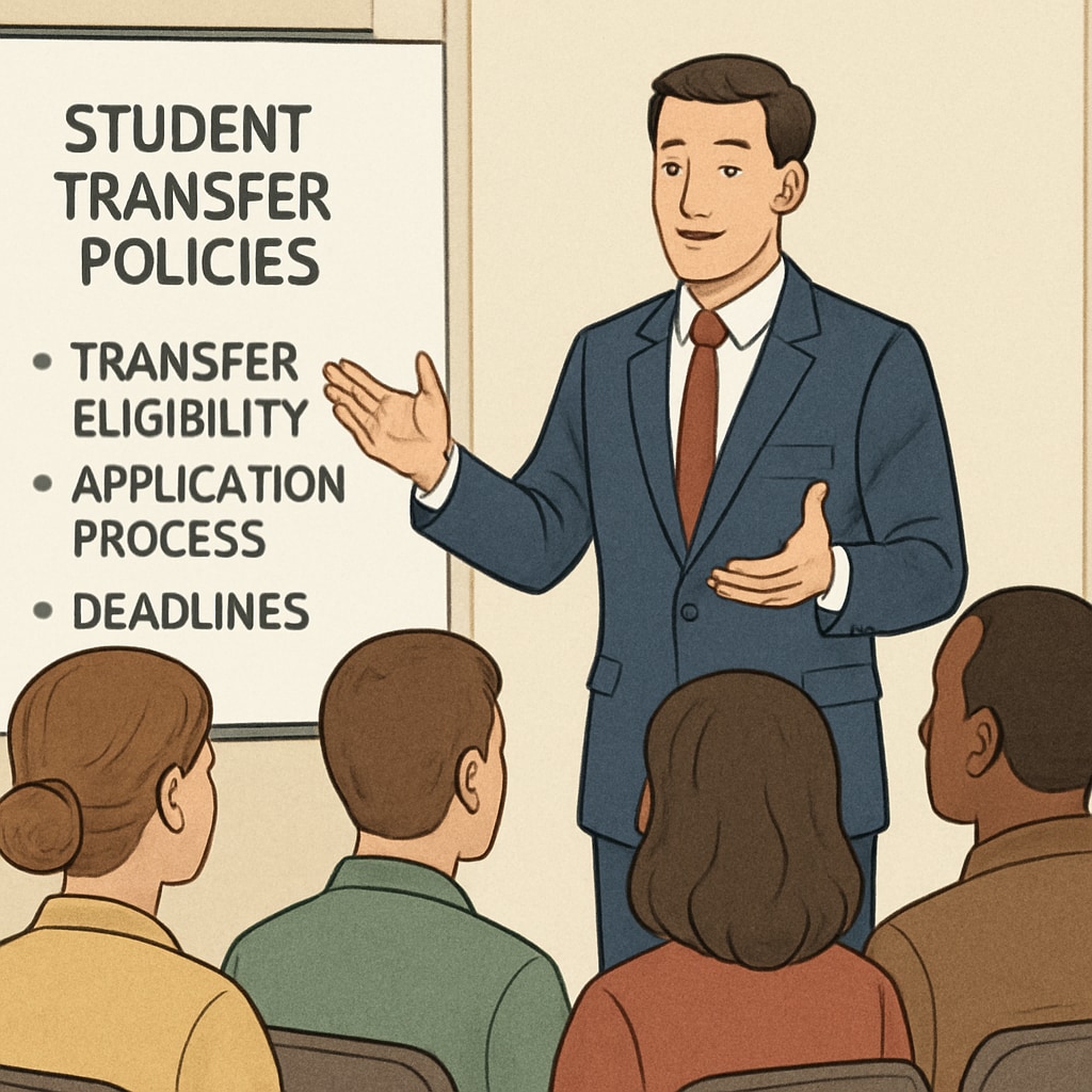 A school administrator explaining transfer policies to a group of parents, representing the importance of clear communication. Administrator discussing school transfer policies.