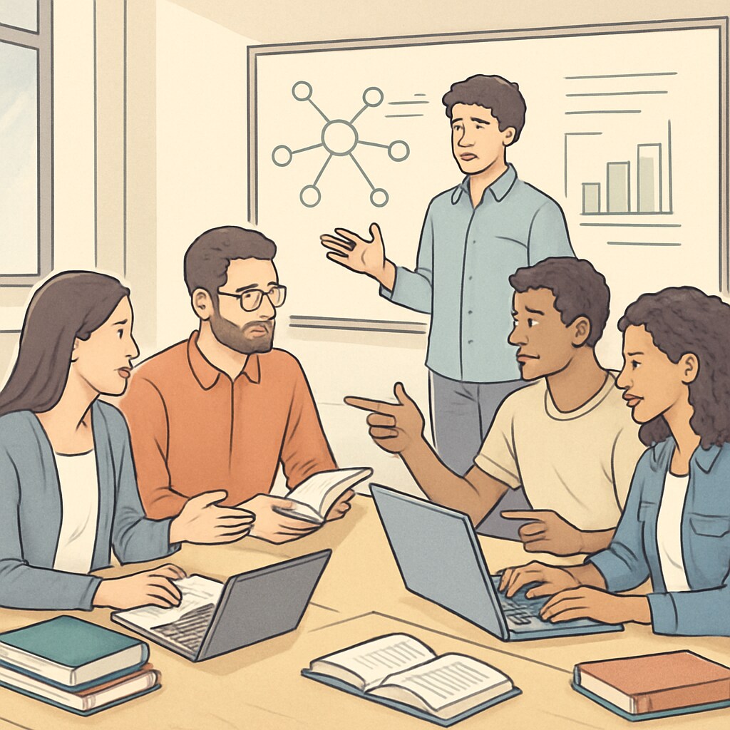 A group of graduate students collaborating in a modern classroom, emphasizing networking and teamwork opportunities during advanced education. Graduate students networking during a master's program.