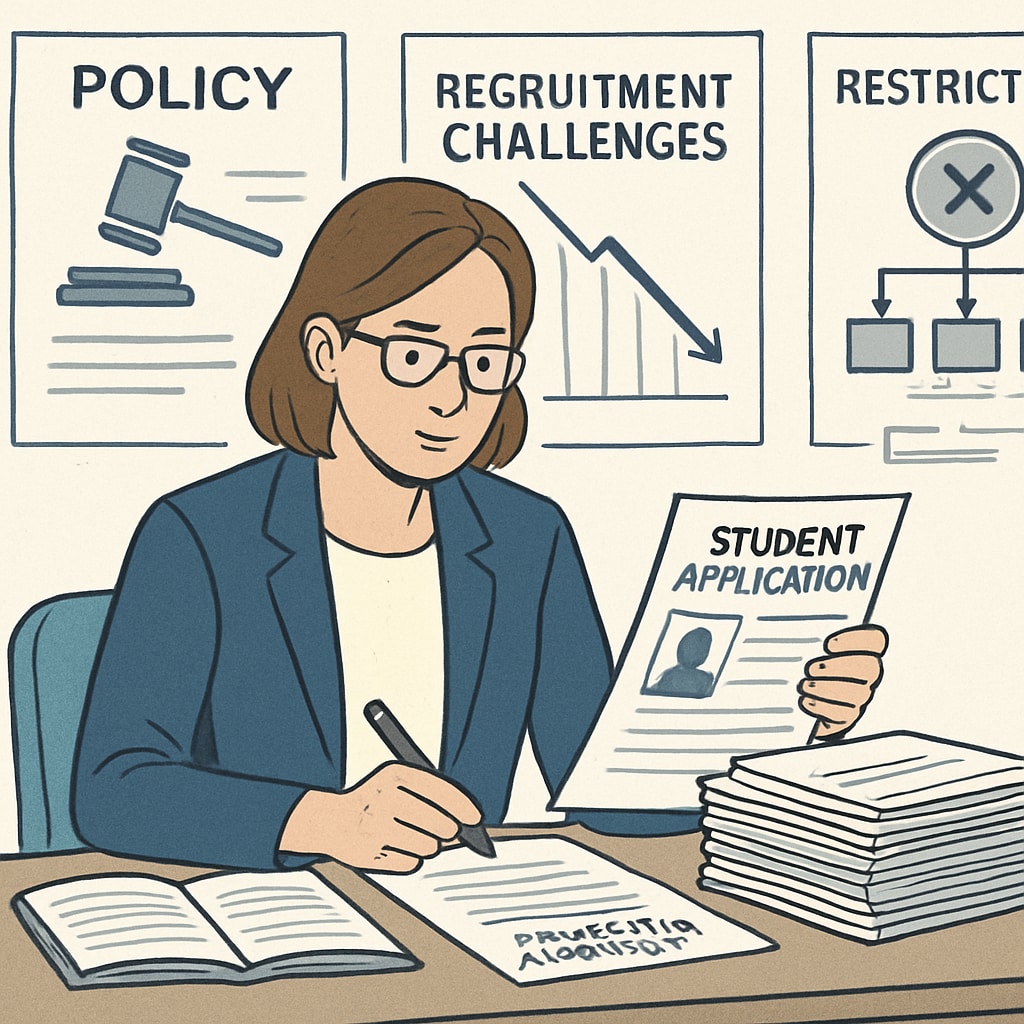 A teacher reviewing applications, with policy-related documents symbolizing recruitment challenges. A teacher reviewing applications, emphasizing recruitment difficulties due to ideological screening.