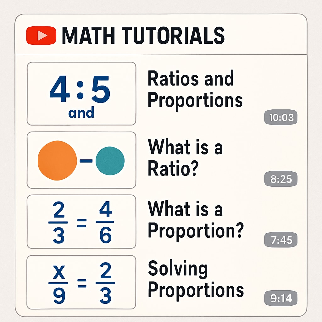 A screenshot of a YouTube playlist featuring math tutorials on ratios and proportions, with clear titles and thumbnails. YouTube playlist for mastering ratios and proportions.