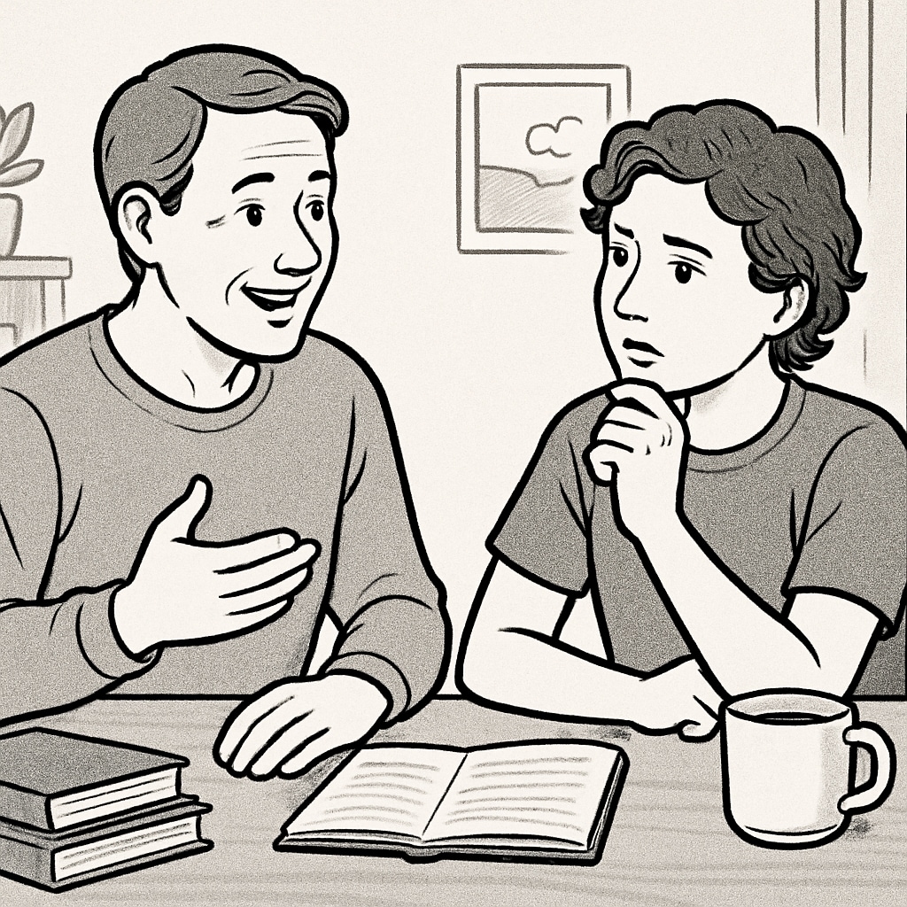 A parent and teenager having a constructive discussion about goals and interests. Parent discussing goals and interests with a teen, fostering motivation and healthy habits.