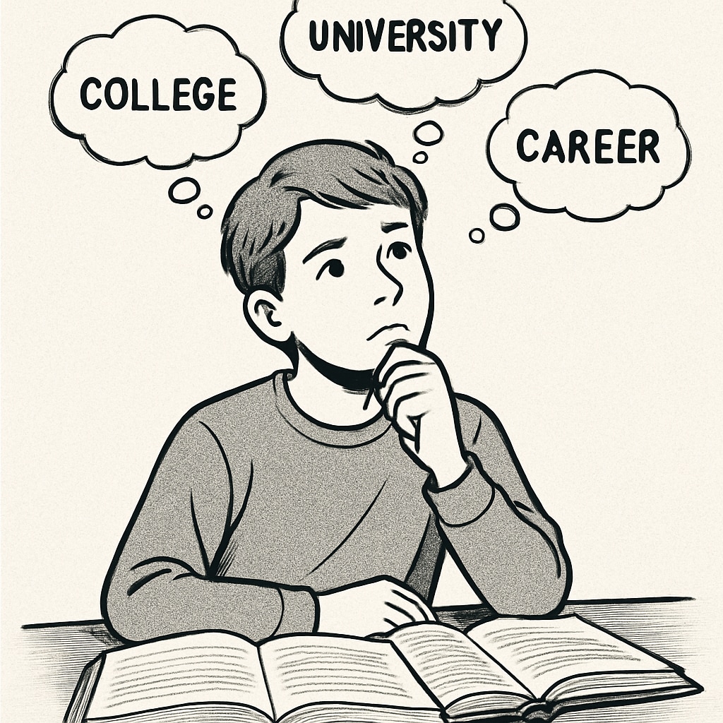 A teenage student sitting at a desk with textbooks, contemplating their next steps in education. A student reflecting on their educational recovery journey in the UK education system.
