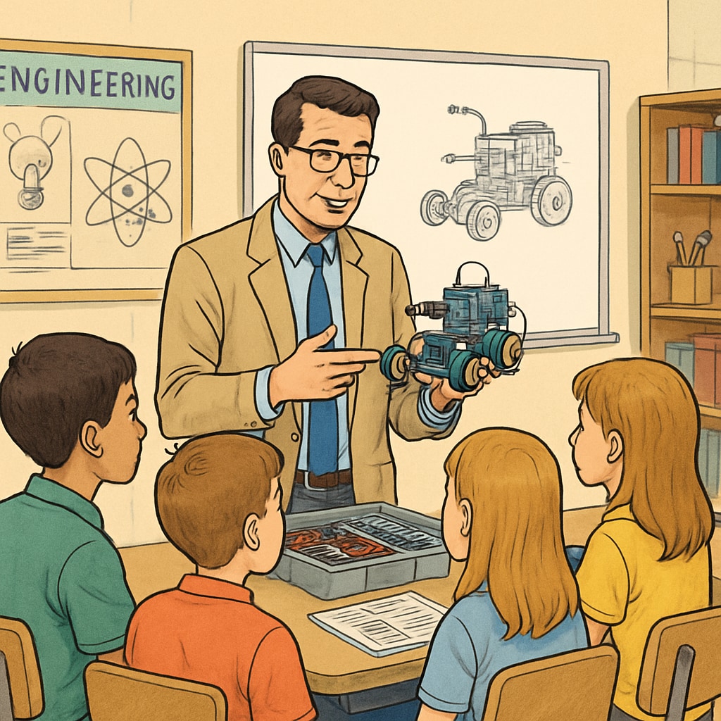 A teacher demonstrating a robotics kit to a classroom of students, illustrating the integration of education and engineering. A teacher using robotics to teach STEM concepts in a classroom setting.