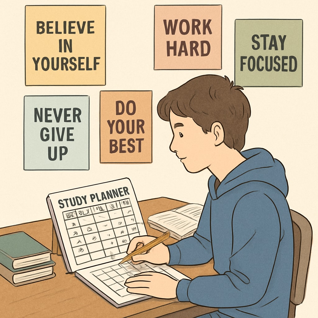 A teenager using a study planner at a desk, surrounded by motivational quotes. Teen using a planner to organize studies and personal goals, building autonomy.