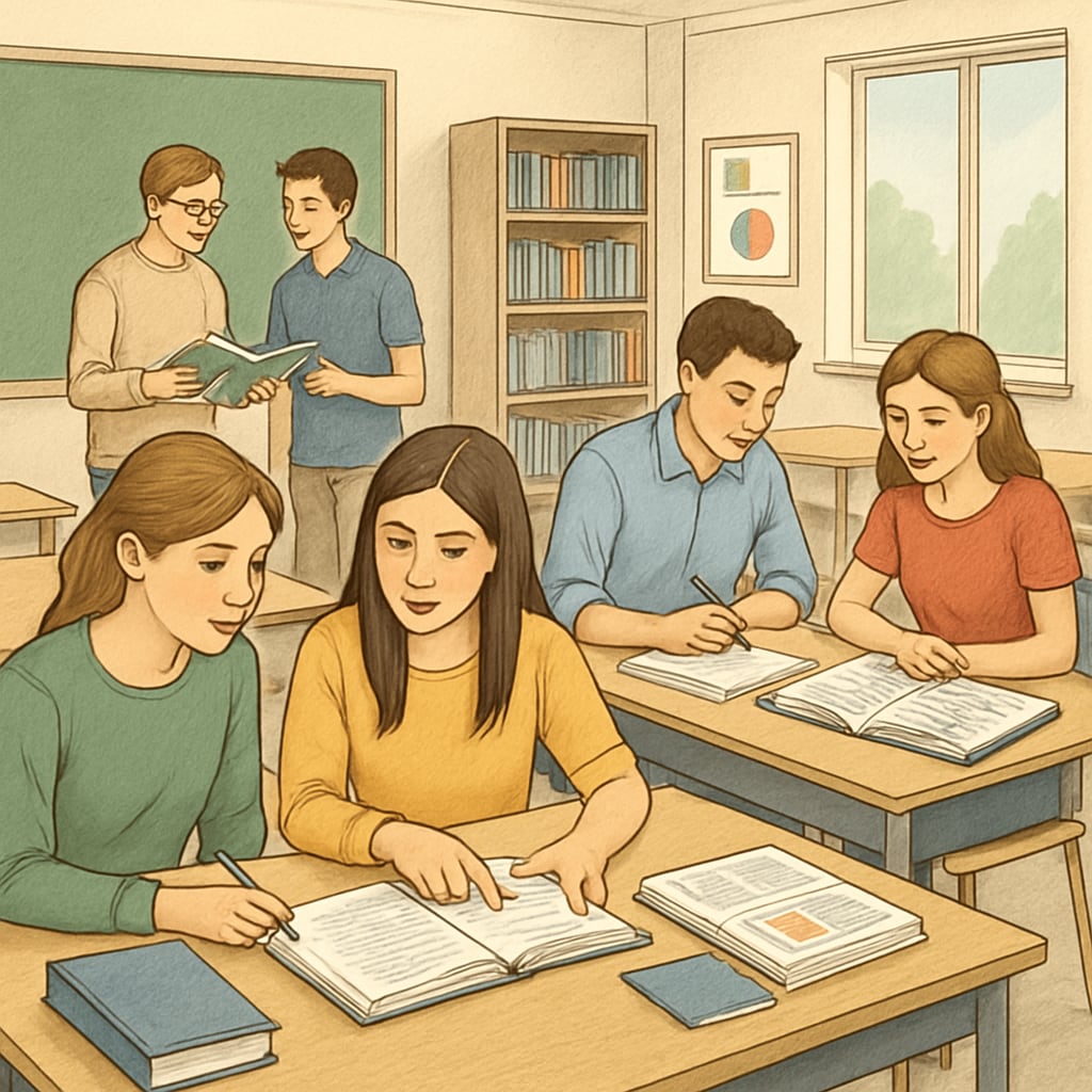 A classroom setting featuring older students engaged in collaborative learning activities. Students in a UK further education college actively participating in group discussions.