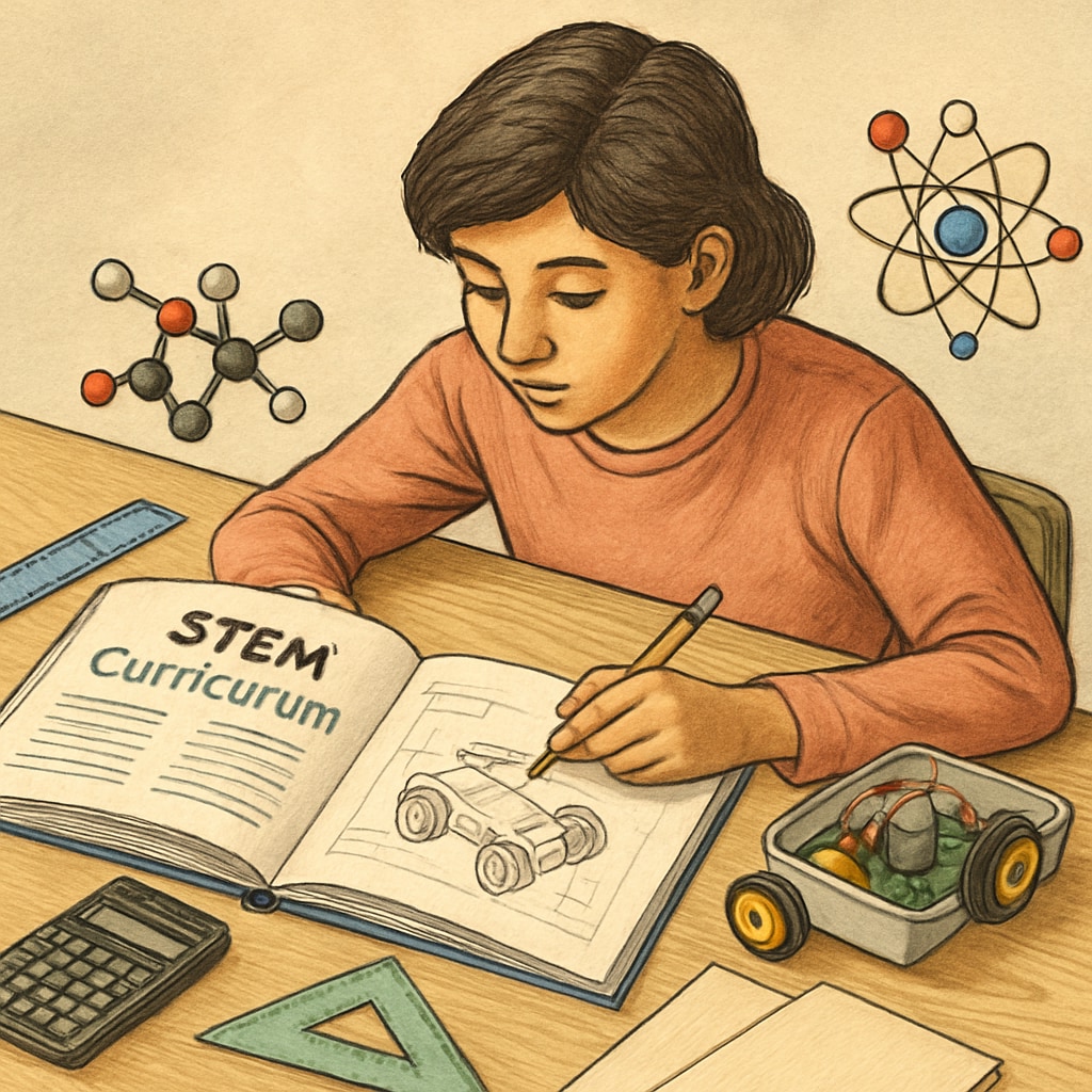 A student working on a STEM project while referencing an education curriculum guide, symbolizing the balance between the two fields. A student balancing STEM project work and educational planning.