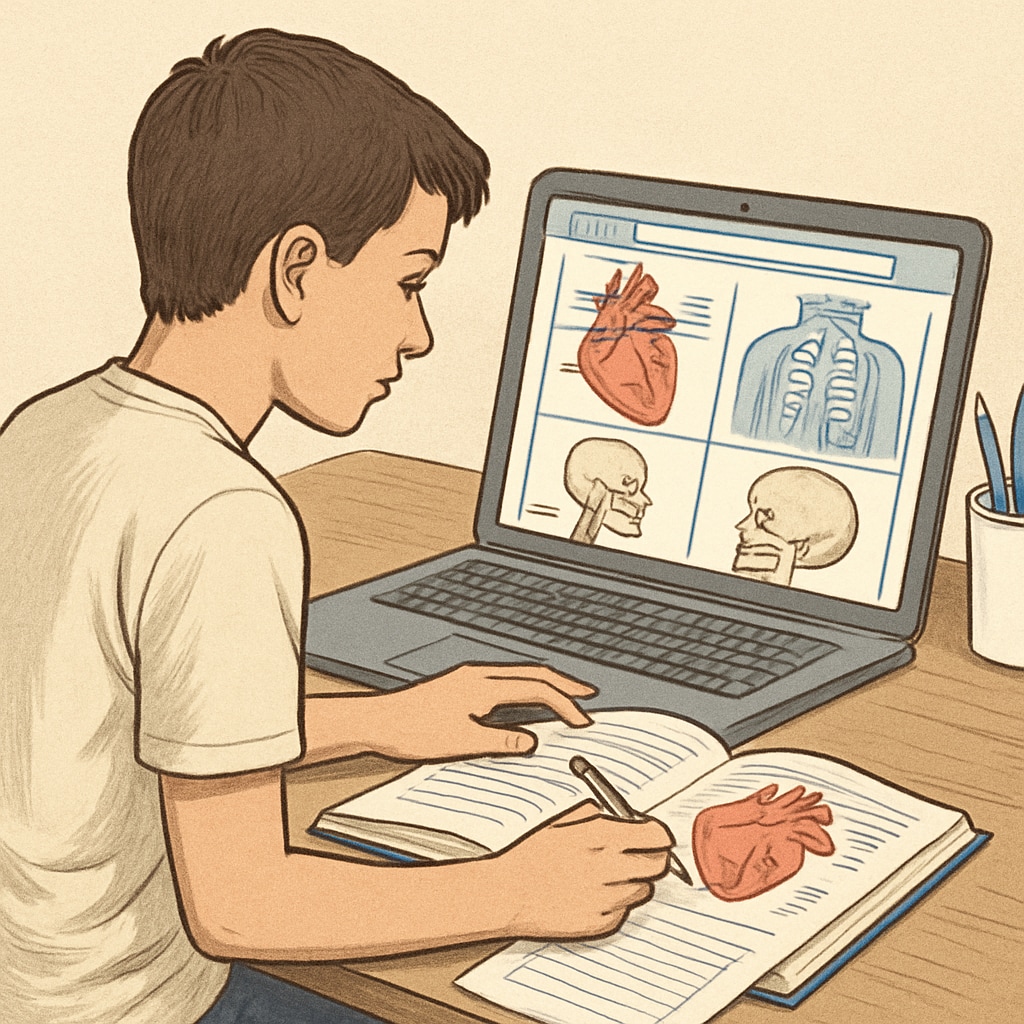 A young student studying medical diagrams on a digital platform, representing online learning resources for professional fields. K12 student using online resources to learn about medicine.