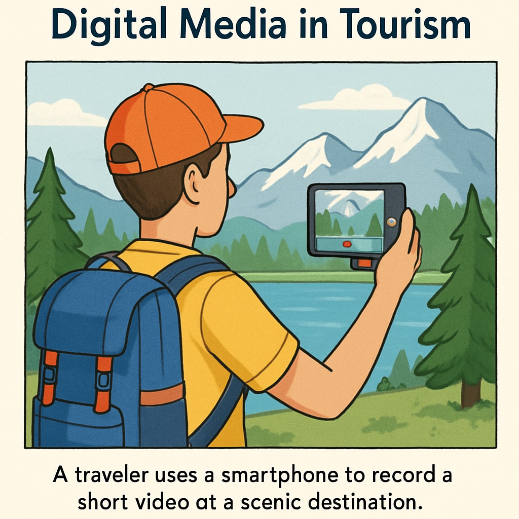 A visually appealing image of a traveler recording a short video at a scenic destination, highlighting the role of digital media in tourism. Traveler recording a short video with scenic background for tourism content.