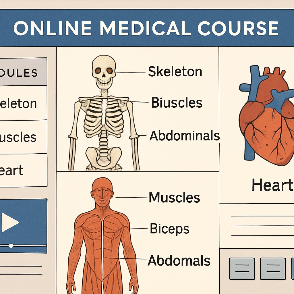Screenshot of an online medical course interface showing human anatomy modules and interactive features. Online medical course interface with anatomy modules for K12 learners.