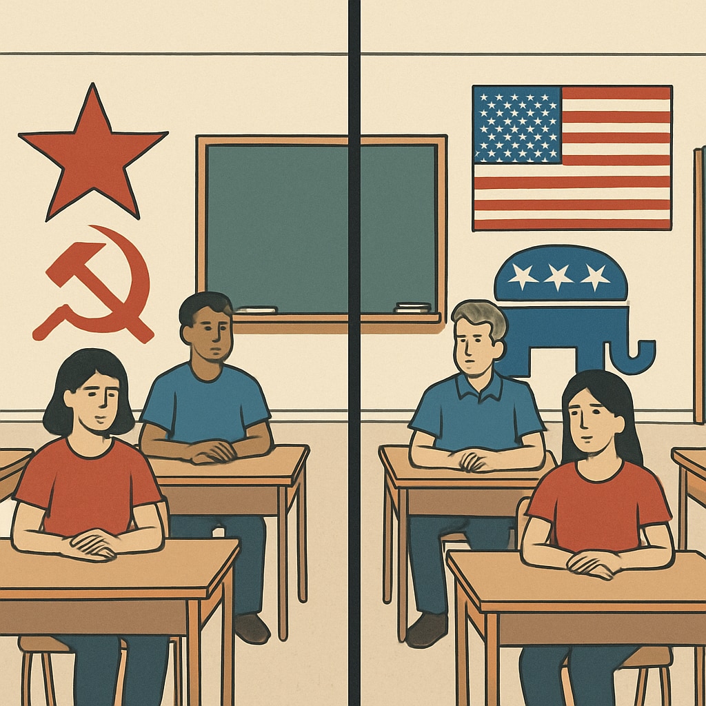 A divided classroom illustrating ideological challenges in education.
