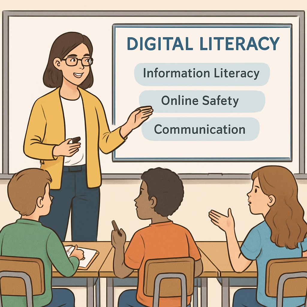 A teacher explaining digital literacy to students as part of a strategy to overcome content restrictions. Teacher discussing digital literacy to help students navigate online content limitations.