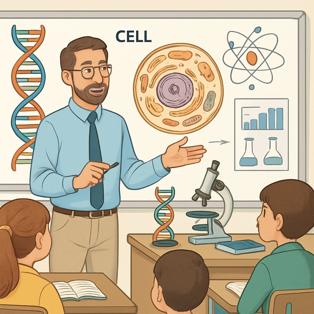 A teacher in a classroom setting explaining scientific concepts, surrounded by visuals like DNA models and cell diagrams. Biology expert teaching in a classroom with DNA models and diagrams.