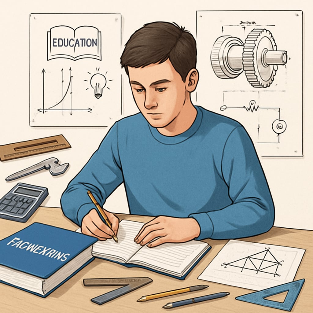 A student studying engineering concepts while preparing teaching materials, symbolizing the integration of education and engineering. Student combining engineering and education skills in a study session.