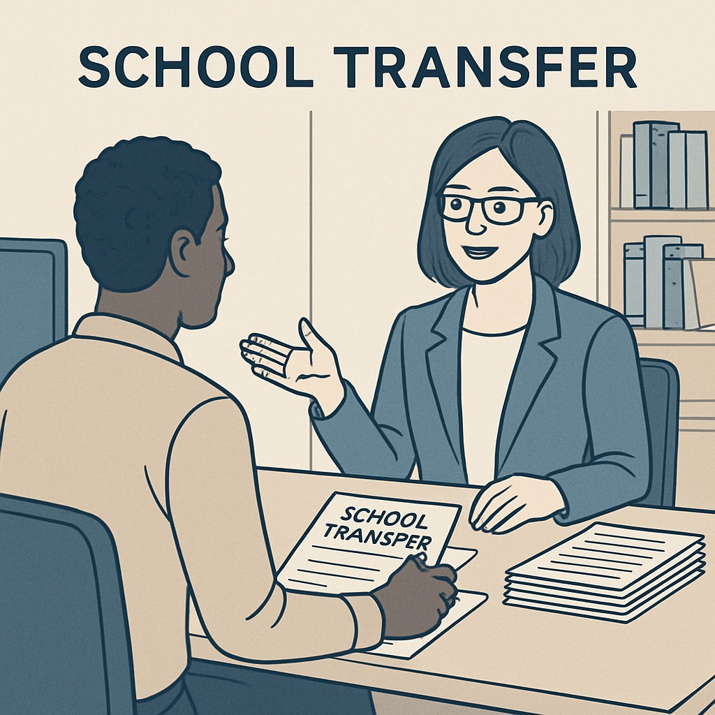 Parent working on transfer paperwork in a school office, addressing school district communication barriers.